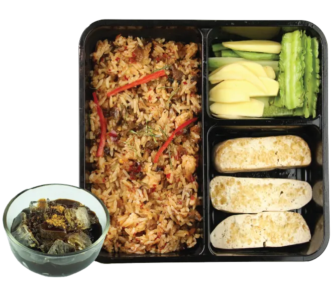 ข้าวผัดน้ำพริกเห็ดหอม เต้าหู้ย่าง และเฉาก๊วย